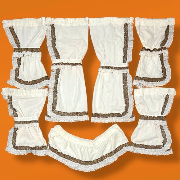 70s Vintage Cream Brown Gold Floral Ruffle Lace Hippy Curtain Valance 15PC SET - Picture 1 of 9